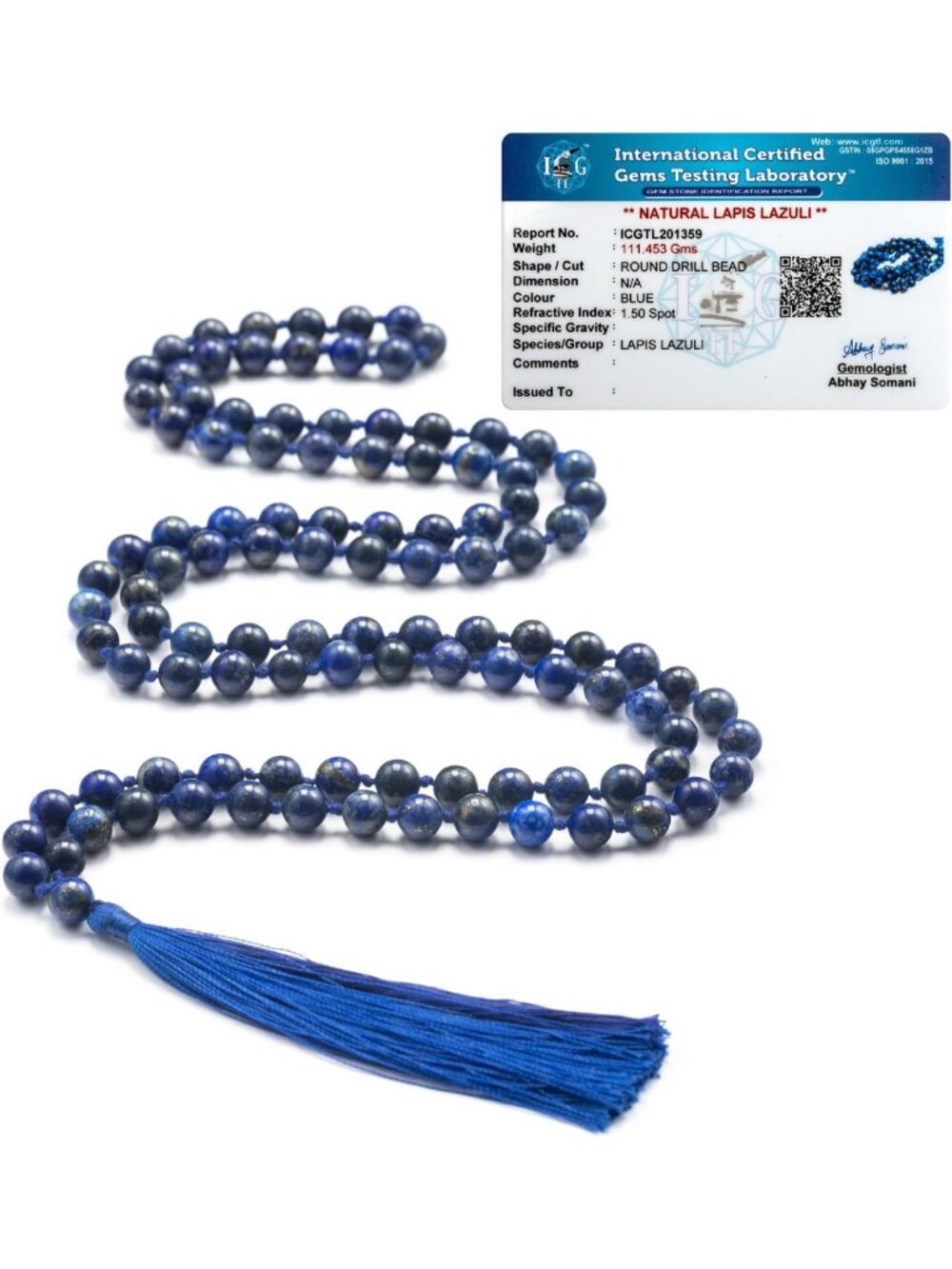 Natural Lapis Lazuli 108 Bead Mala Necklace for Meditation & Spiritual Healing